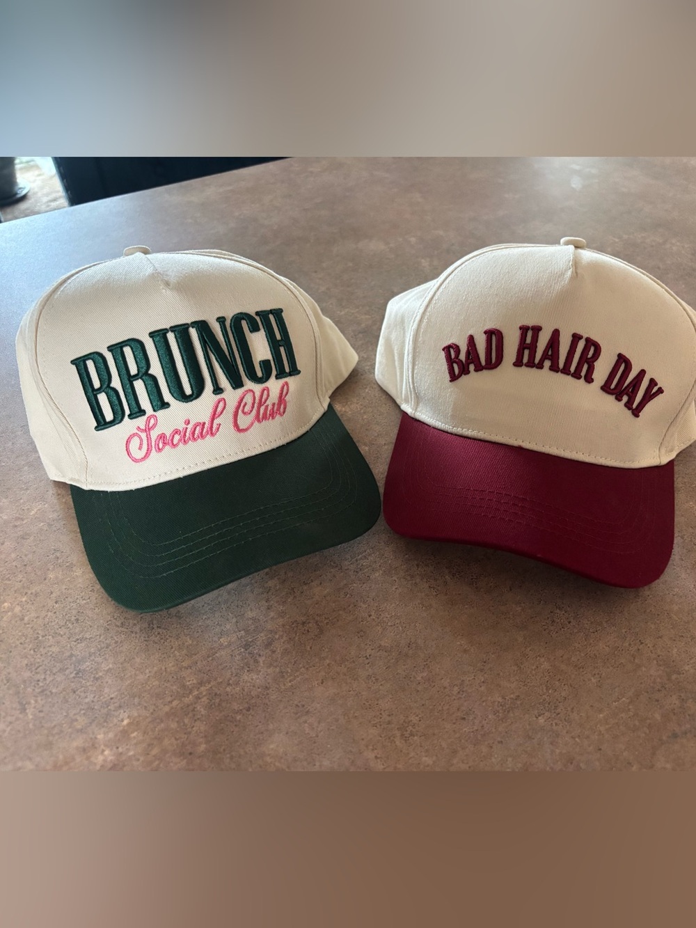 Kirklands Cream Trucker Hats with Green and Red Brims